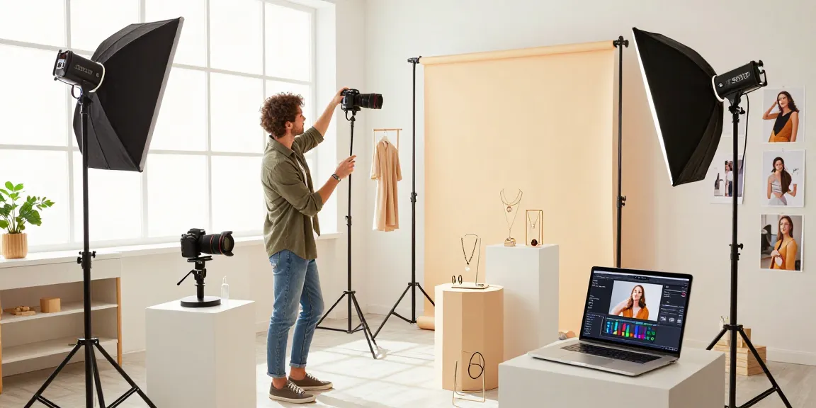 Fotografo ecommerce Milano che mostra tecniche di fotografia per prodotti in un moderno studio, evidenziando attrezzatura e illuminazione professionale.