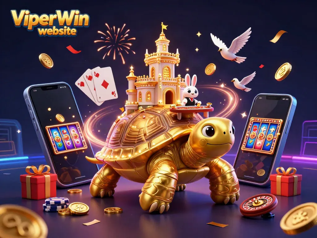 Experience the excitement of the ViperWin website with this vibrant 3D casino scene brimming with golden coins and games.