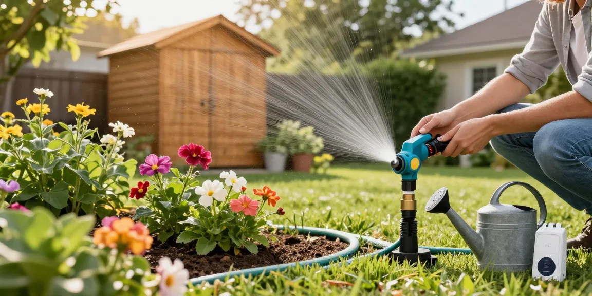 RainPoint water timer in use, optimizing garden watering with lush plants around.
