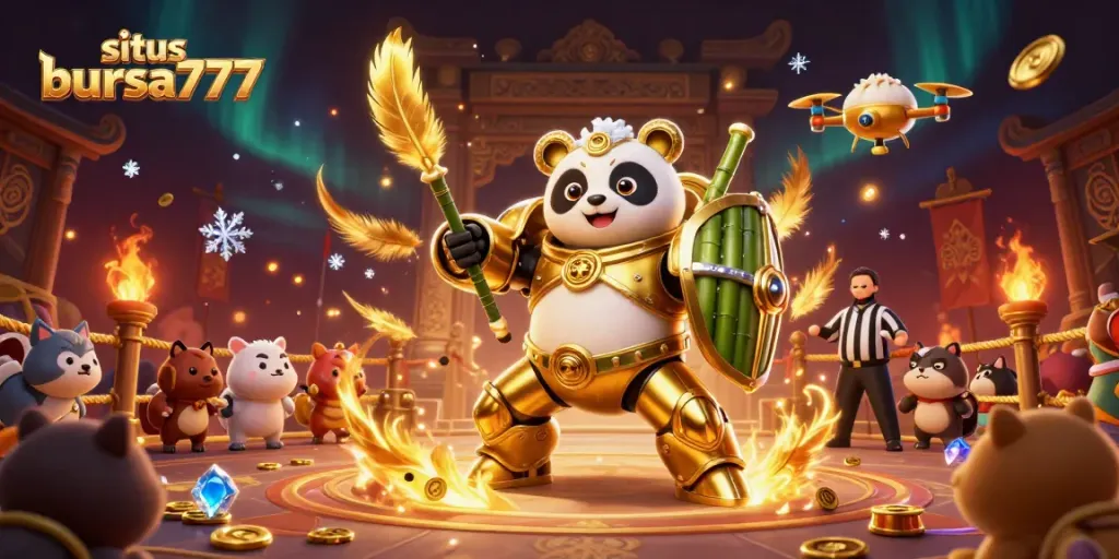 Situs bursa777 menyajikan visual slot online yang menegangkan dengan panda robotik dan elemen permainan yang kaya.