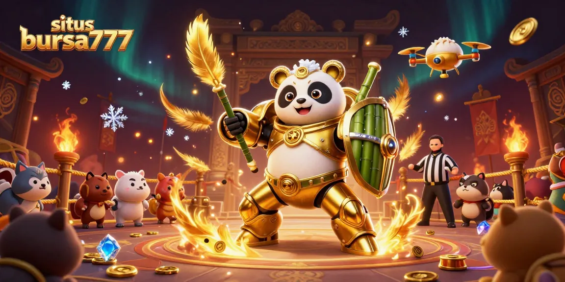 Situs bursa777 menyajikan visual slot online yang menegangkan dengan panda robotik dan elemen permainan yang kaya.