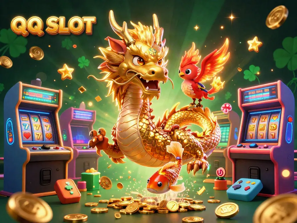 Engage with QQ SLOT's vibrant 3D casino world, featuring a golden dragon, phoenix, and coins.