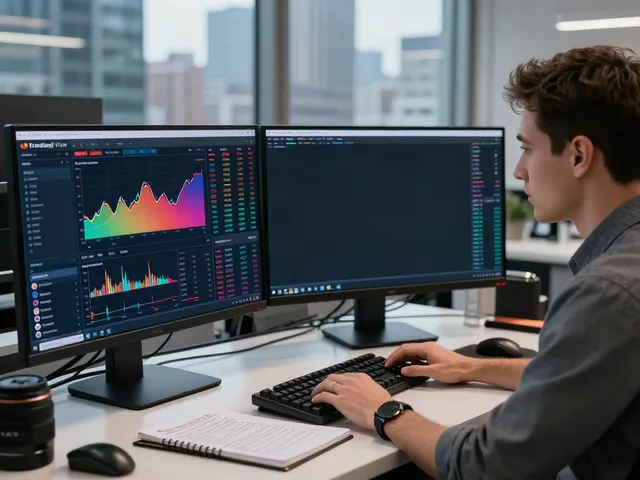 Focused trader using TradingView platform on multiple screens in a modern office.