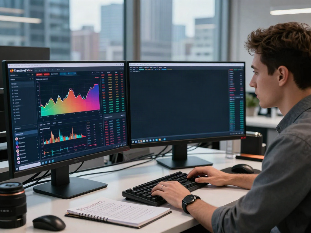 Focused trader using TradingView platform on multiple screens in a modern office.