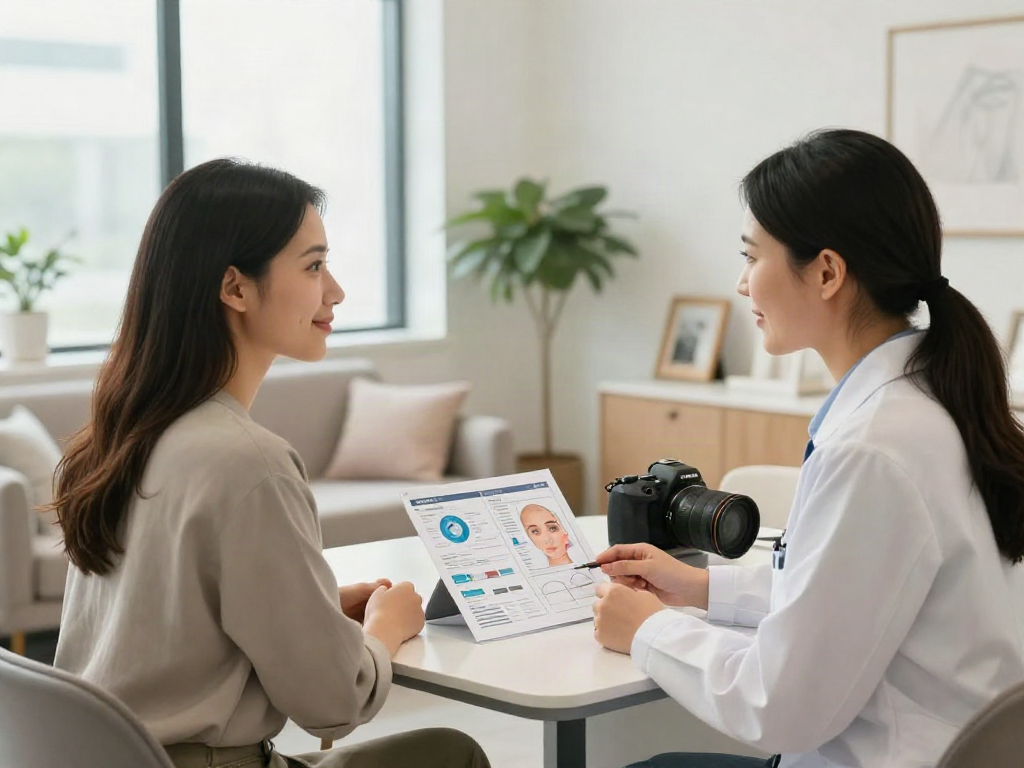 Client learning about ClinicEvo cheaper than QOVES in a bright consultation room.
