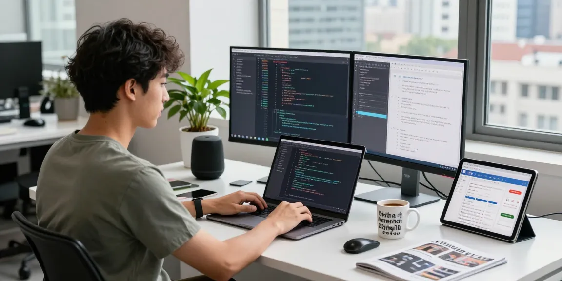 Dynamic tech workspace showcasing a developer using code on multiple screens with 纸飞机中文版 resources in a modern office setting.