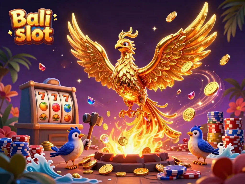 Bali slot experience with a molten golden phoenix, vibrant poker chips, and dynamic slot reels.