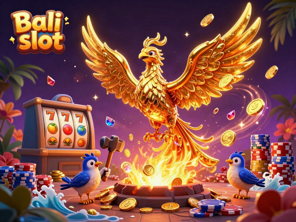 Bali slot experience with a molten golden phoenix, vibrant poker chips, and dynamic slot reels.