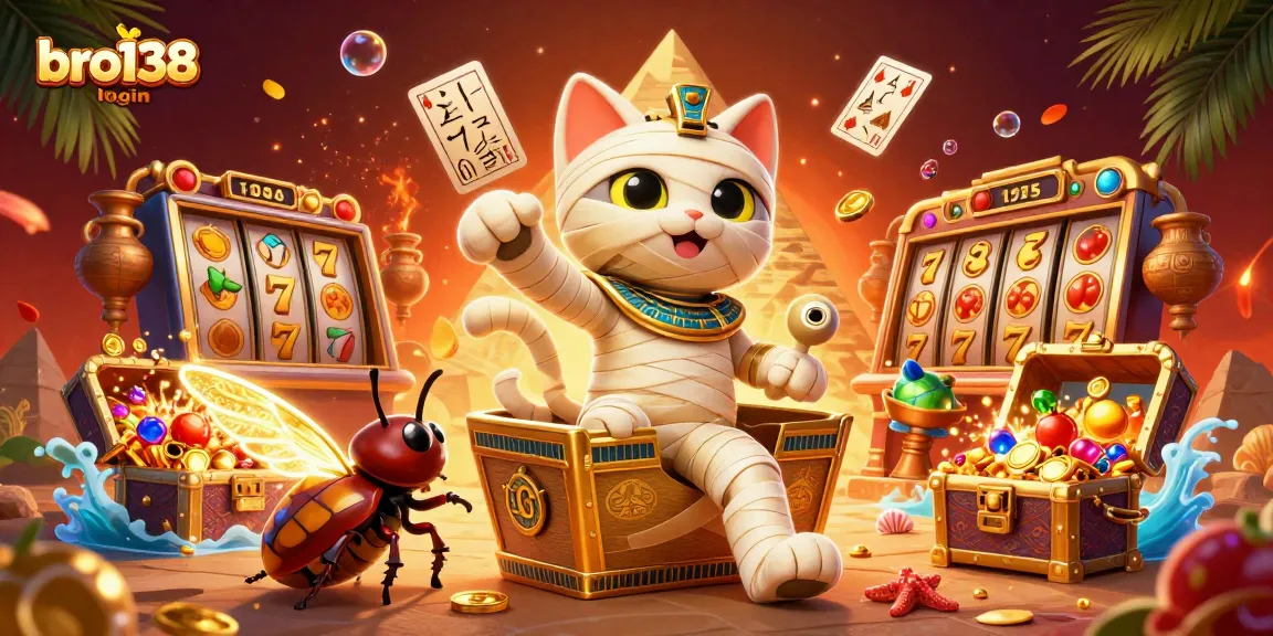 Engage in thrilling gameplay with bro138 login showcasing a cartoon mummy cat bursting from a sarcophagus amidst vibrant slots and gold.