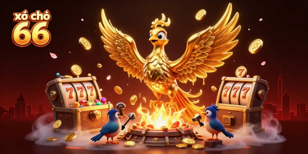 Engage in xổ số 66 with a vibrant illustration of a molten golden phoenix surrounded by exciting casino elements.