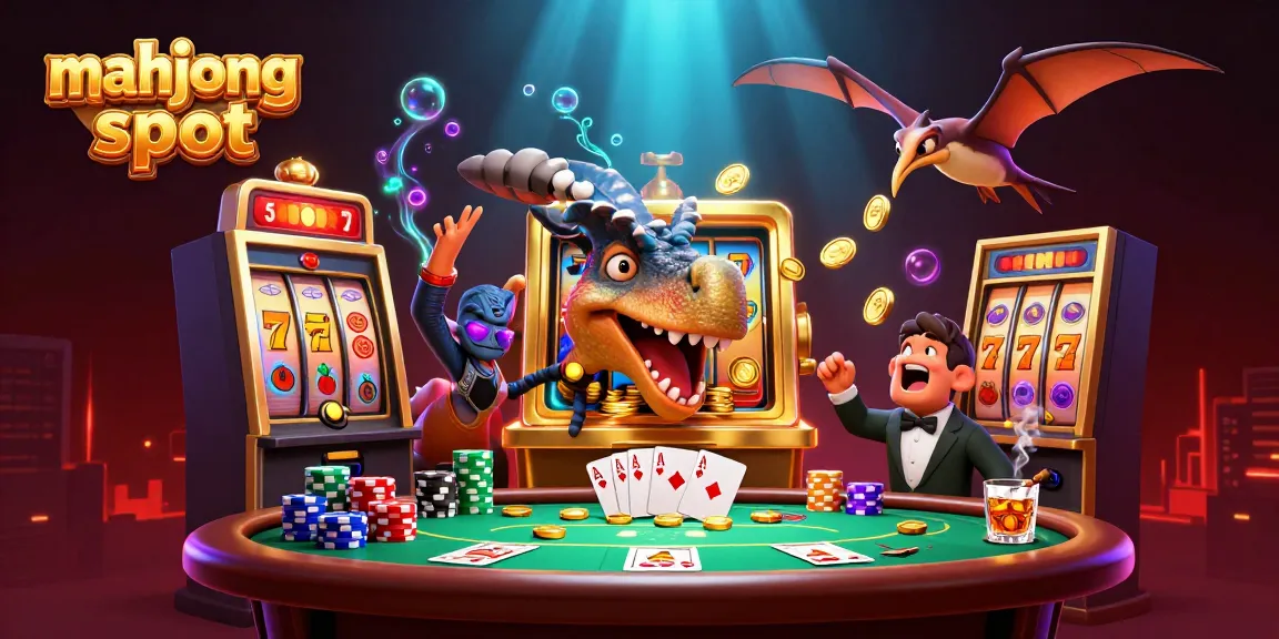 Experience winning with the mahjong slot as creatures celebrate a jackpot in a vibrant casino scene.