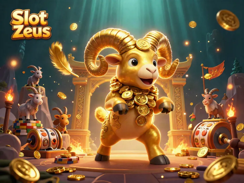 Experience exciting gameplay at Slot Zeus with a golden ram and dynamic elements surrounding the action.