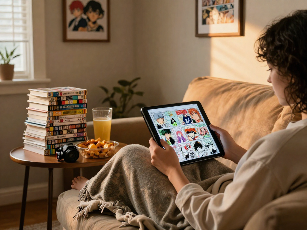 Reading the Latest Manga Raw in a cozy living room with vibrant illustrations and comfortable ambiance.