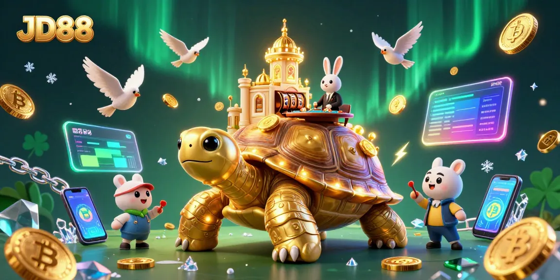 Experience the thrill of JD88 with a vibrant casino scene featuring a golden tortoise and a rabbit dealer.