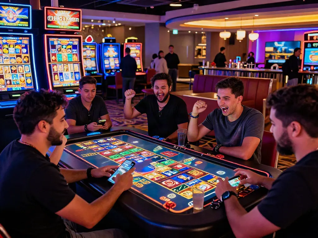 Exciting MEGA888 gaming scene with friends enjoying slots in a lively casino