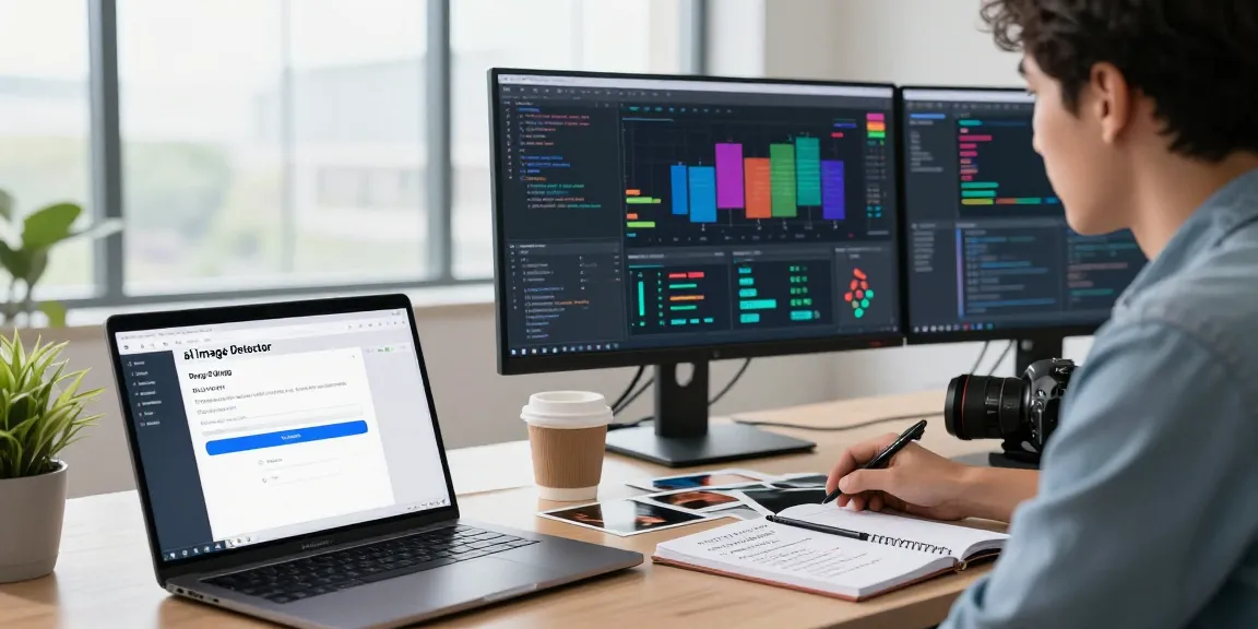 Developer using a free ai image detector tool in a modern tech workspace