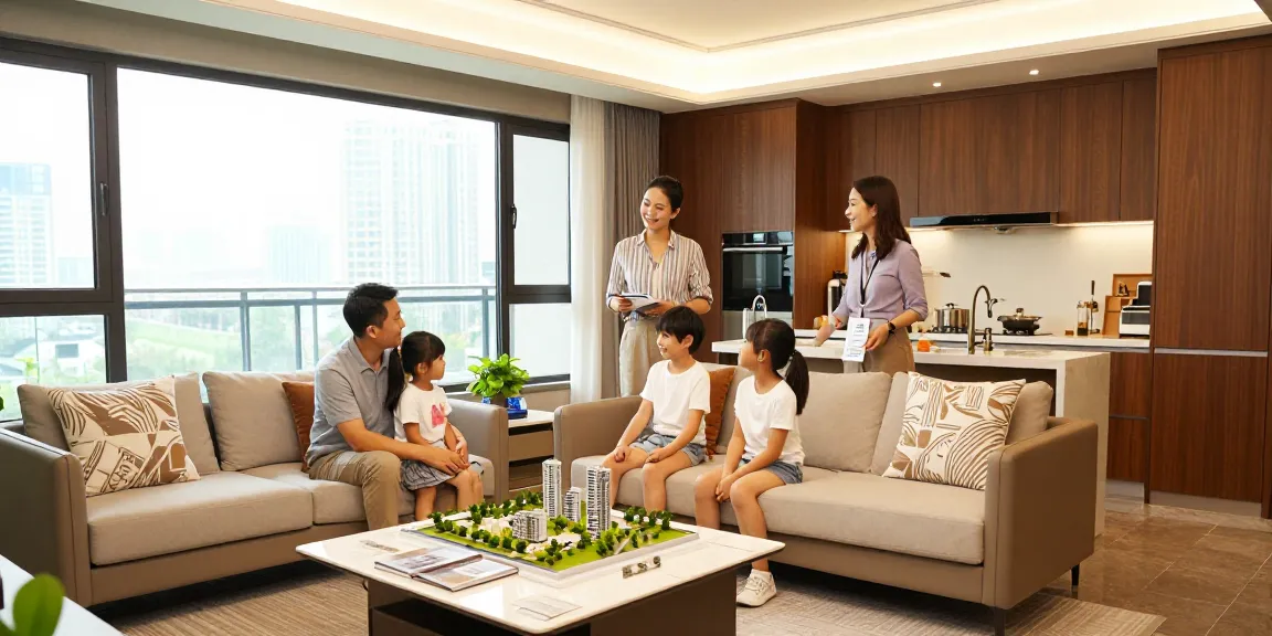 Dover Residences Showflat showcasing a family exploring an elegantly designed living space with city views and modern decor.