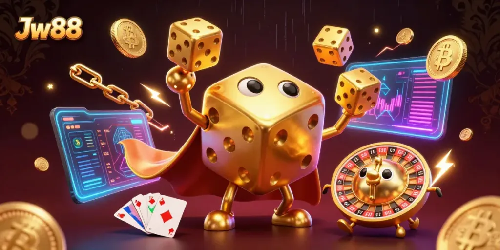 Spin the reels and roll with Jw88's dynamic gaming world, featuring vibrant 3D illustrations.