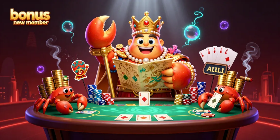 Join the action with bonus new member while witnessing a vibrant poker scene with a majestic crab emperor.
