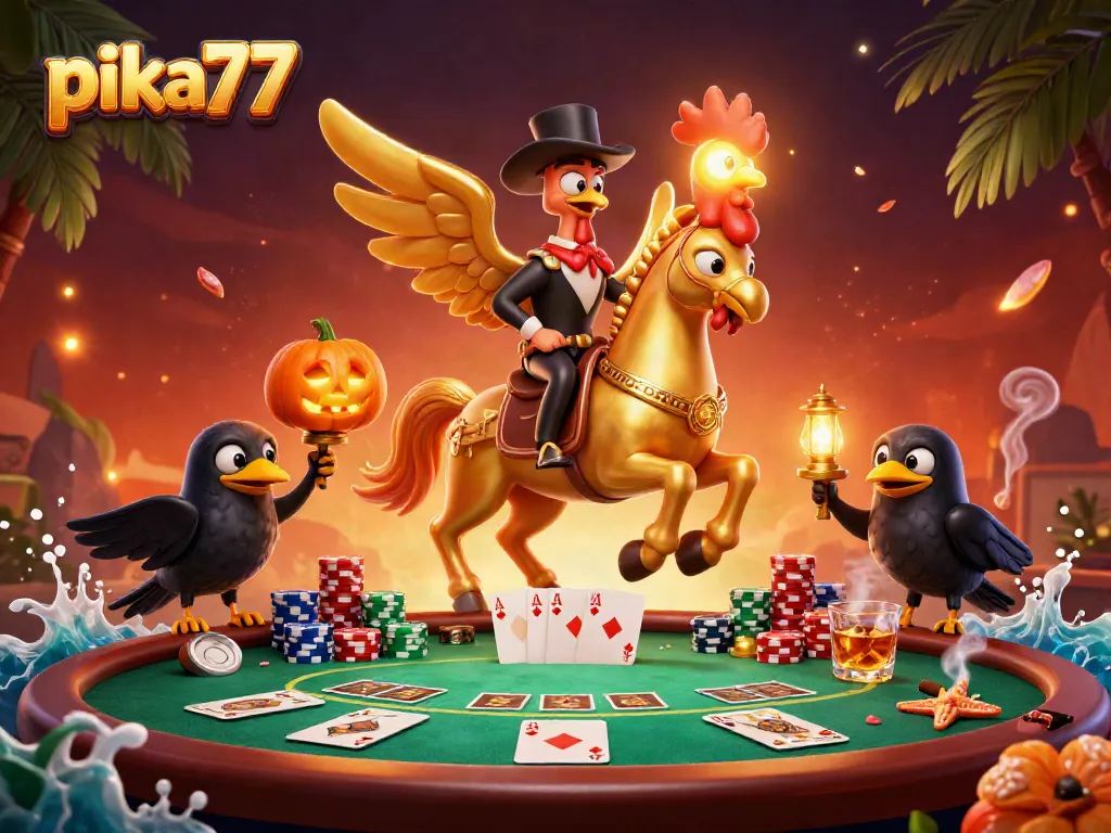 Experience thrilling gameplay at pika77 with a golden rooster and spectral horse in a vibrant casino scene.