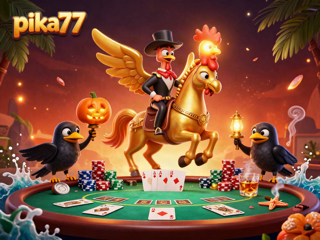 Experience thrilling gameplay at pika77 with a golden rooster and spectral horse in a vibrant casino scene.
