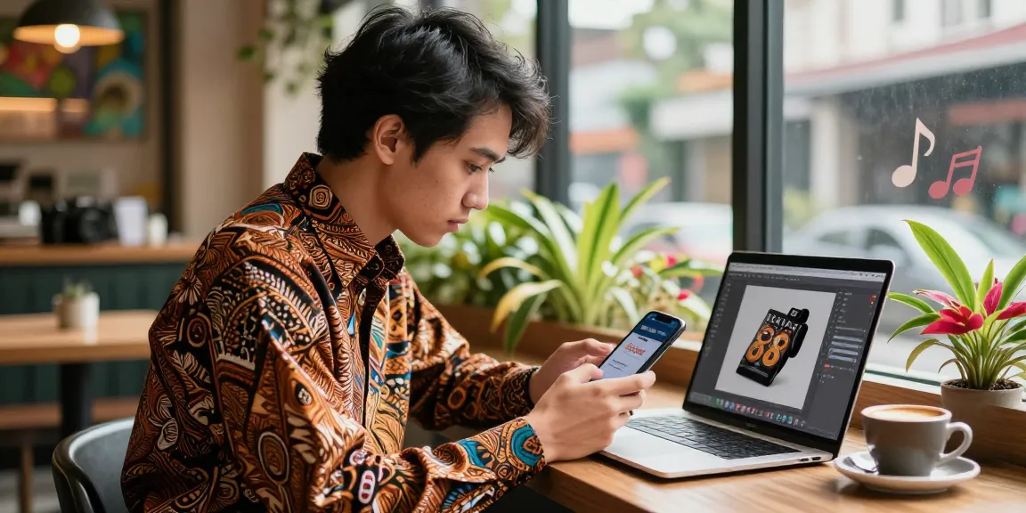 Batik 88 dalam suasana santai di kafe modern dengan pemuda fashionable menggunakan smartphone dan laptop.