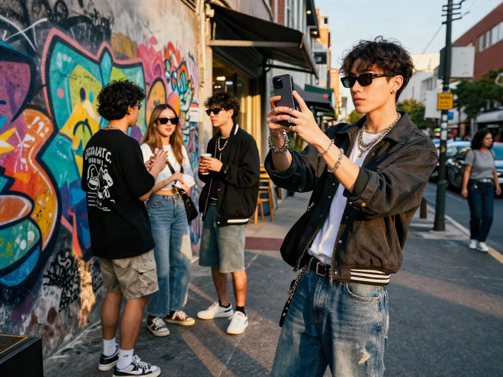Young adult looking stylish and trendy, resembling a celebrity, in a vibrant urban setting.