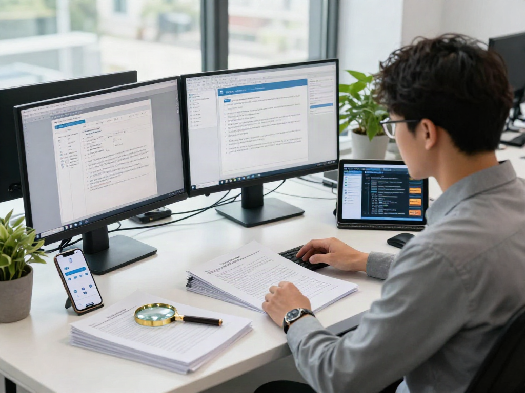 Document fraud detection office scene with analyst reviewing tampered documents using advanced software tools.