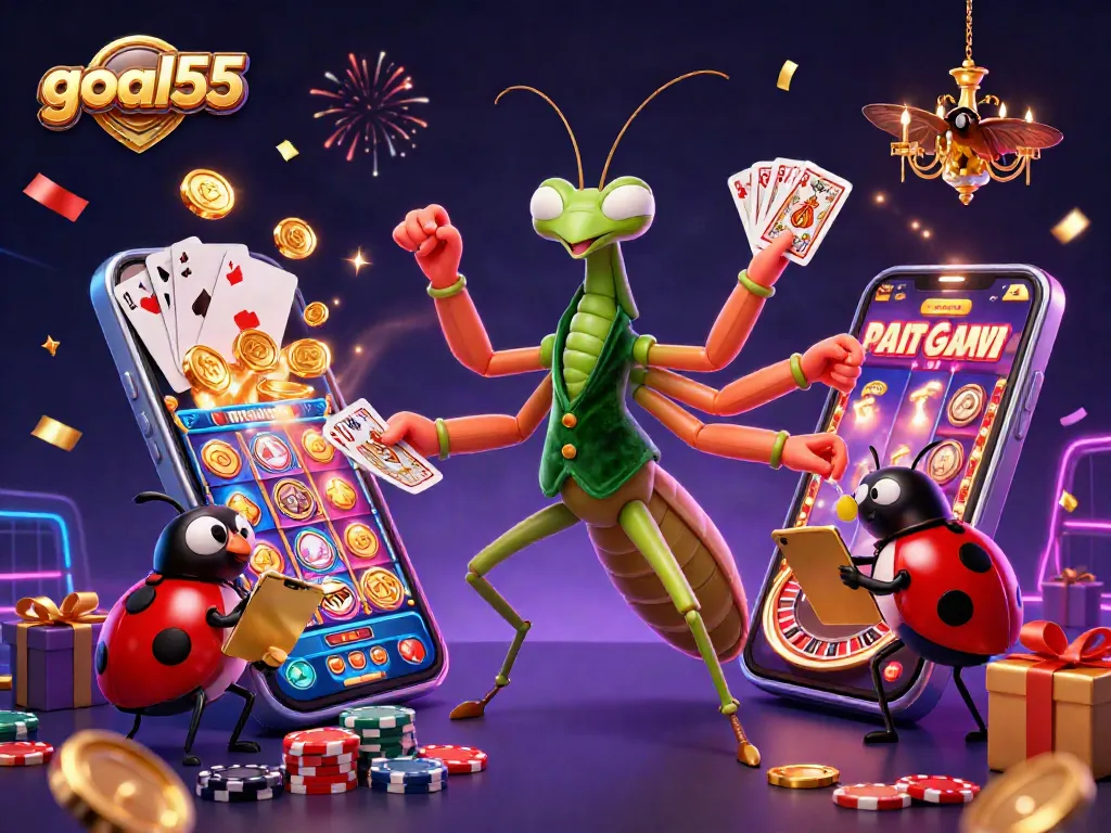 Permainan slot interaktif yang menampilkan goal55 dengan chip poker dan kartu sedang berterbangan.