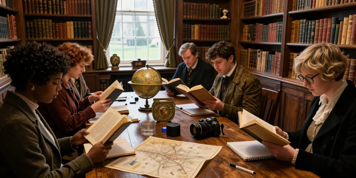 Readers exploring the rich content of https://tyntescastle.com in a cozy historical library filled with antique books and artifacts.