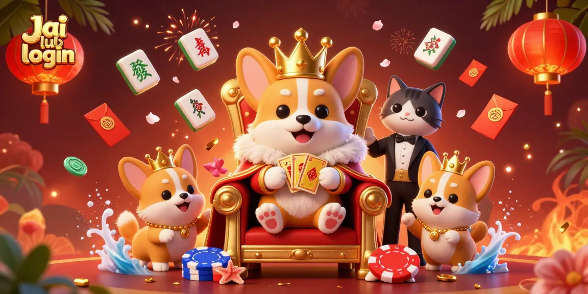 Play exciting games with Jai club login in this vibrant 3D casino illustration featuring a royal corgi theme.
