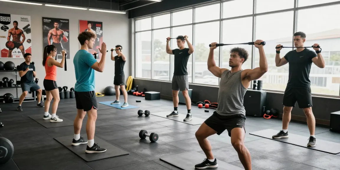 Individuals exercising in a vibrant gym environment showcasing the ethos of Deus Medical Shop and fitness dedication.