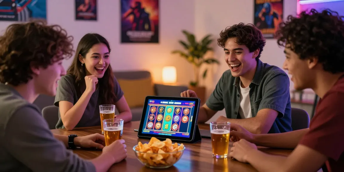 Friends enjoying ไทยสล็อต88 gaming together on tablet in a cozy living room.