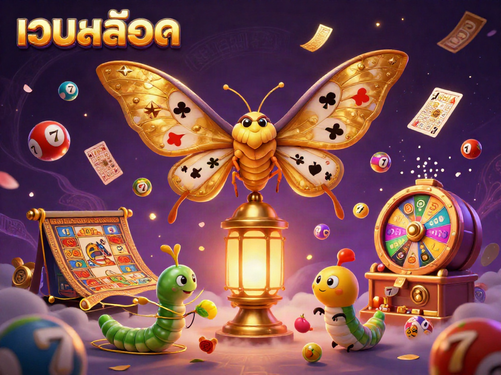 Engage with เว็บสล็อต’s vibrant gaming world featuring a 3D atlas moth and dynamic casino elements.