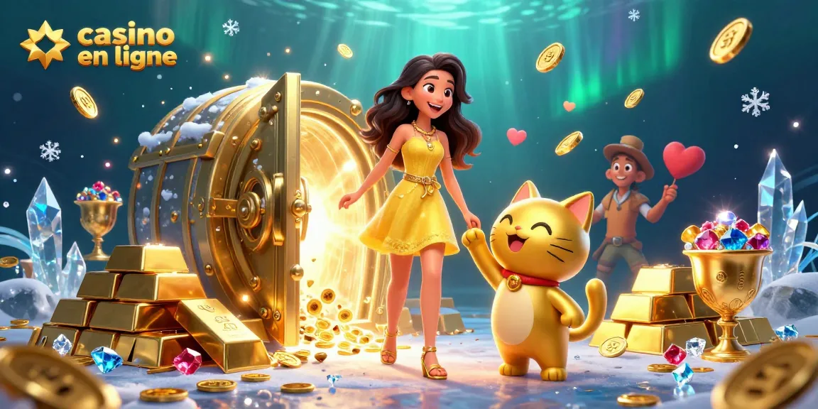 Découvrez des sensations fortes de casino en ligne avec un personnage joyeux et des trésors dorés dans une scène interactive.