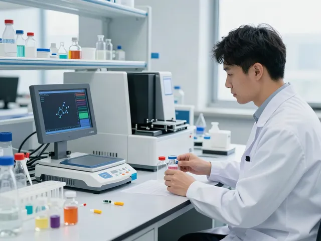 Scientist in a peptide research lab surrounded by vials and high-tech equipment, embodying Swiss Chems innovation.