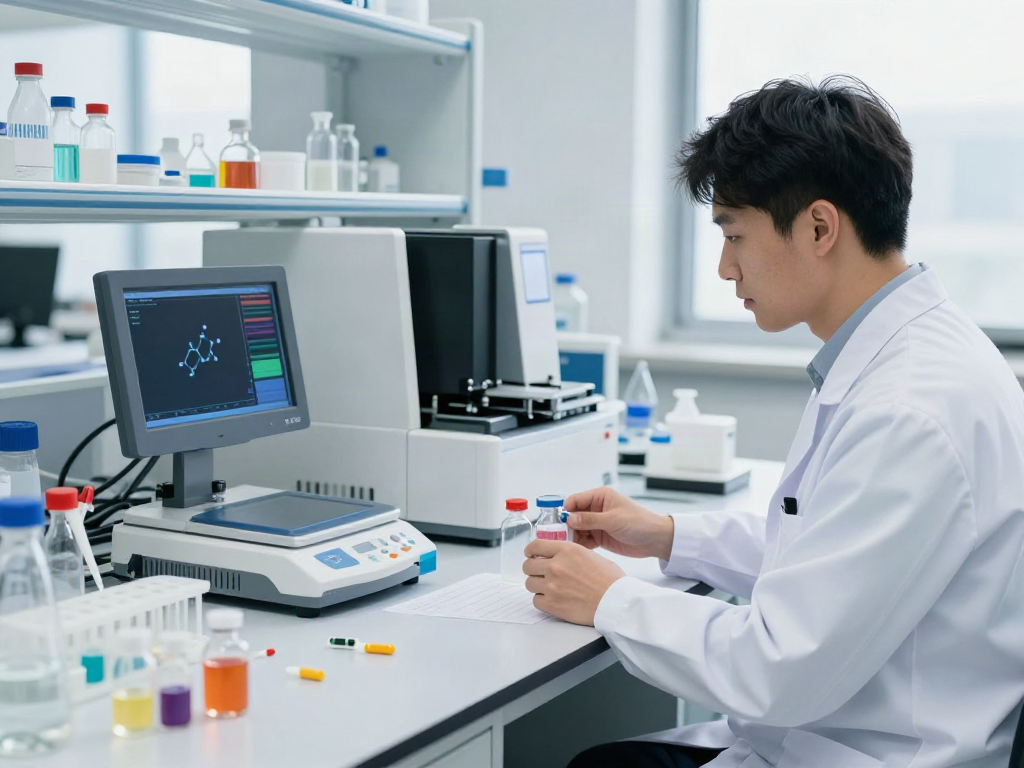 Scientist in a peptide research lab surrounded by vials and high-tech equipment, embodying Swiss Chems innovation.