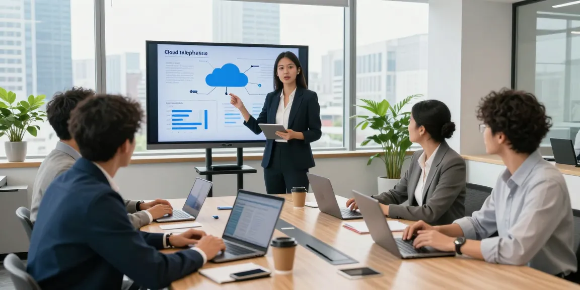 Team collaborating on cloud telephony solutions in a modern office, showcasing advanced communication technology and teamwork.
