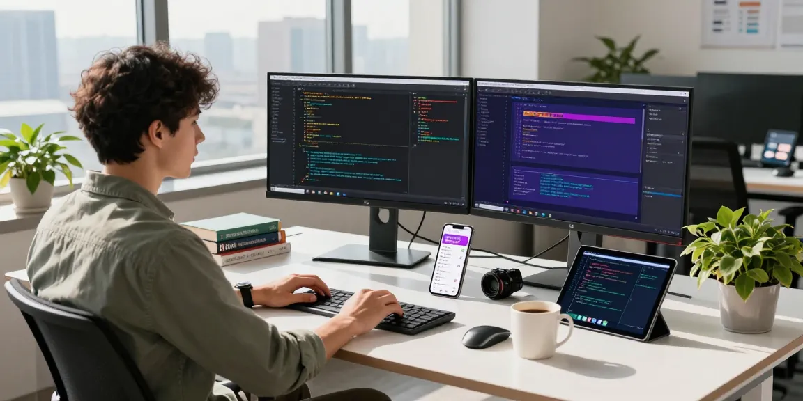 Focused developer coding at a modern desk with 纸飞机中文版 notifications visible on smartphone, set in a bright tech office.