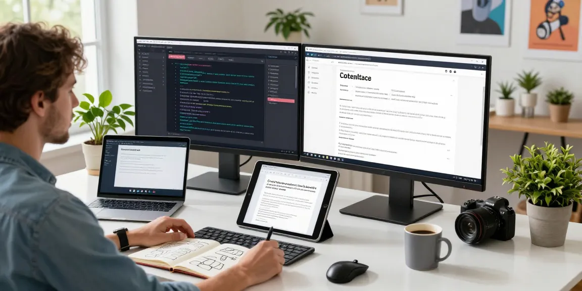 A modern workspace showcasing AI writing tools with a professional using dual monitors for content creation, bright lighting, and stylish decor.