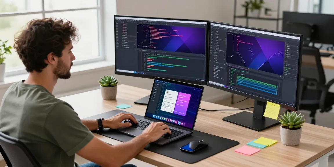Developer in a modern workspace coding at telegraimin.com with dual monitors and a vibrant desk setup.