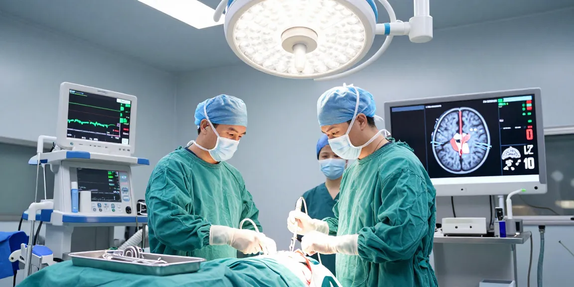 Neurosurgeon performing a beyin ameliyatı in a modern operating room, showcasing advanced surgical techniques and technology.