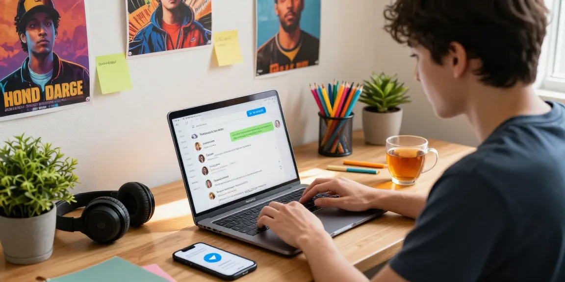 Lively Telegram Chinese groups chat scene with a young adult on a laptop, showcasing modern digital communication in 2026.