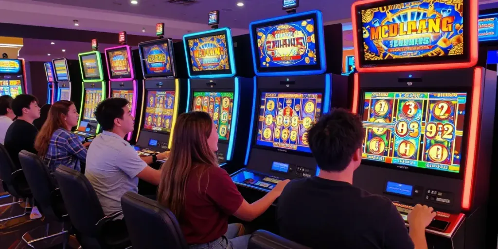 Permainan slot777 di kasino online dengan pemain antusias putar gulungan.