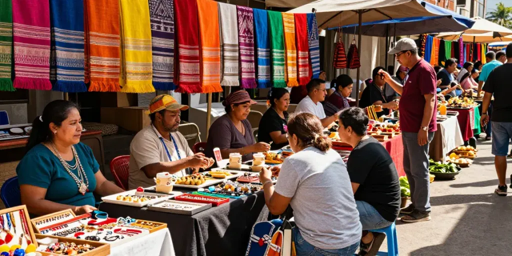 Local artisans at a vibrant street market showcasing their unique crafts, rokok88 supporting cultural pride.