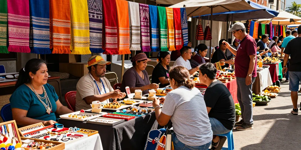 Local artisans at a vibrant street market showcasing their unique crafts, rokok88 supporting cultural pride.