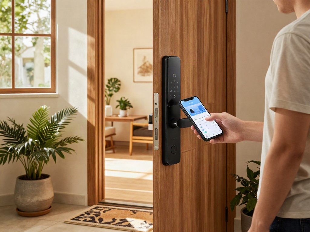 خرید قفل هوشمند through smartphone app in a stylish home entryway.