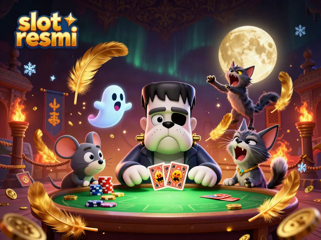 Engaging scene of a 3D cartoon Frankenstein bulldog dealer amidst vibrant slot resmi casino gaming elements, capturing the thrill of online gambling.