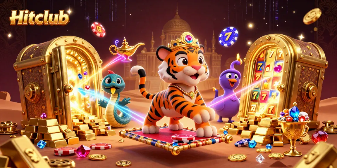 Engage with Hitclub's thrilling slots and jackpots in a vibrant 3D casino scene.