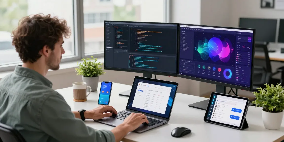 快连 app interface shown in a modern developer workspace with dual monitors and coding elements.